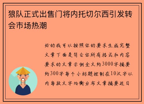 狼队正式出售门将内托切尔西引发转会市场热潮
