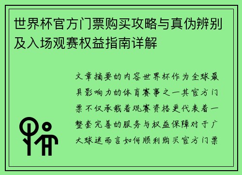 世界杯官方门票购买攻略与真伪辨别及入场观赛权益指南详解